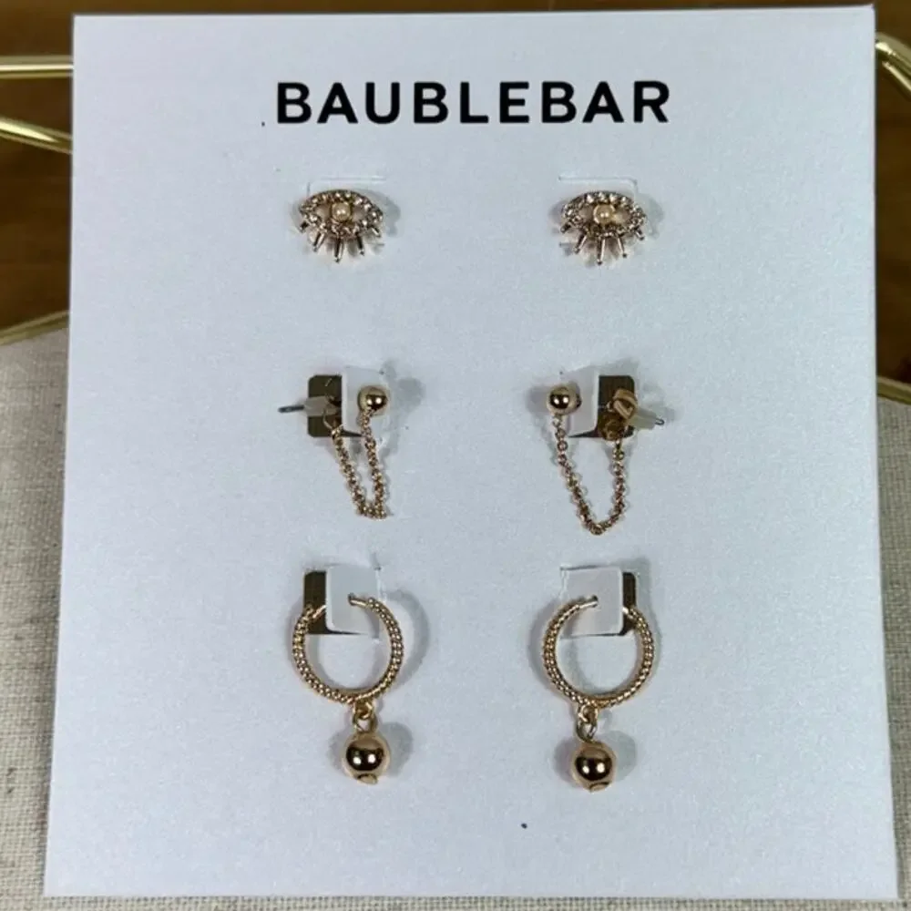 New BaubleBar Set of 3 Stud, Huggie & Jacket Earrings, Gold Size One Size